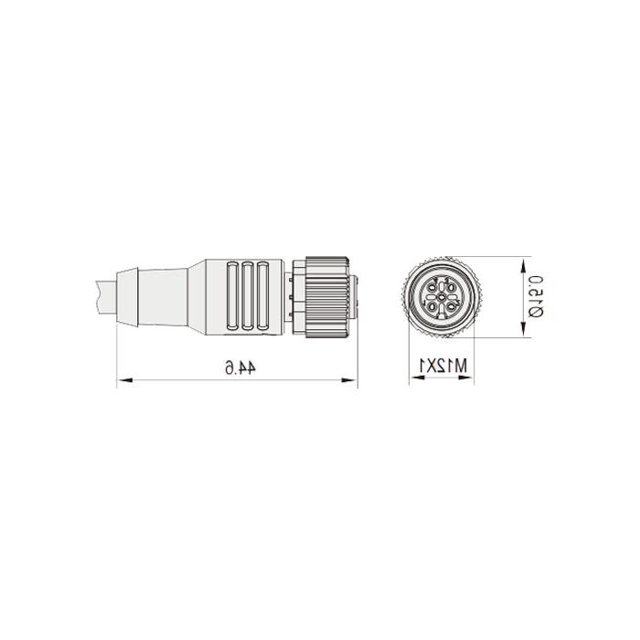 M12 4Pin、母头直型、耐高温120℃、单端预铸PUR柔性电缆、黑色护套、64H041-XXX